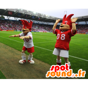 2 red and white mascots of Euro 2008 - Trix and Flix - MASFR20992 - Sports mascot