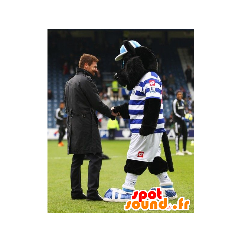 Black cat mascot in blue and white outfit - MASFR21034 - Cat mascots Black cat mascot in blue and white outfit - MASFR21034 - Cat mascots