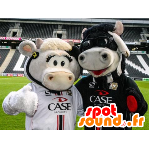 2 ko maskotter, en hvid og en sort - Spotsound maskot kostume