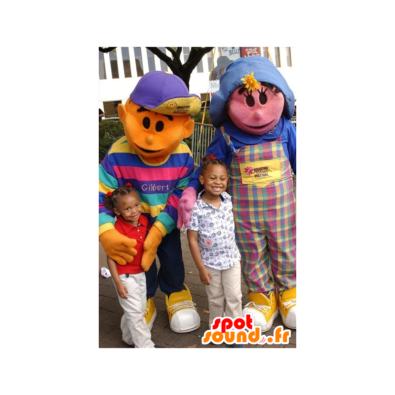 2 mascottes : une fille rose et un garçon orange - MASFR21086 - Mascottes Enfant