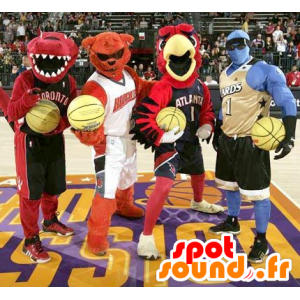 4 mascots: a dinosaur, a bear, a bird and a blue man - MASFR21098 - Mascot of birds