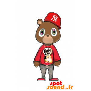 Brun björnmaskot i röd hiphop-outfit - Spotsound maskot