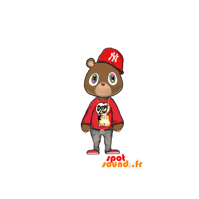 Mascotte d'ours marron en tenue rouge de hip-hop - MASFR21109 - Mascotte d'ours