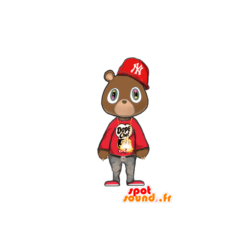 Μασκότ καφέ αρκούδας στο κόκκινο φόρεμα hip-hop - MASFR21109 - Αρκούδα μασκότ