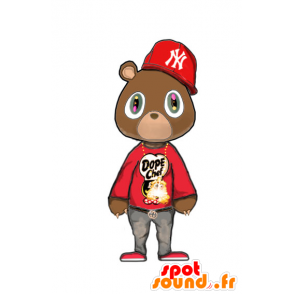 Mascota del oso de Brown en rojo vestido de hip-hop - MASFR21109 - Oso mascota