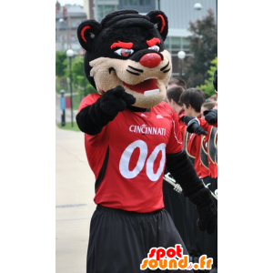 Μαύρη γάτα μασκότ, μπεζ και κόκκινο - MASFR21116 - Γάτα Μασκότ