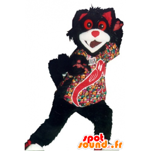 Gatto nero mascotte, bianco e rosso - MASFR21117 - Mascotte gatto