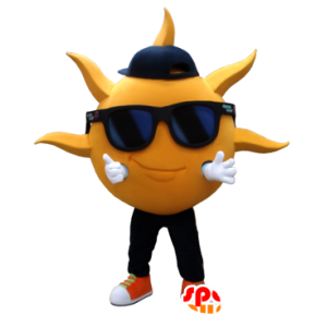 Maskot i form af en gul sol med solbriller - Spotsound maskot