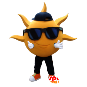 Maskot i form av en gul sol, med solglasögon - Spotsound maskot