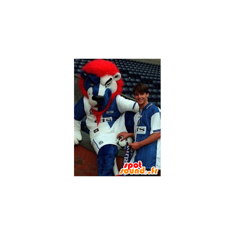 Blue lion mascot, white and red - MASFR21138 - Lion mascots Blue lion mascot, white and red - MASFR21138 - Lion mascots