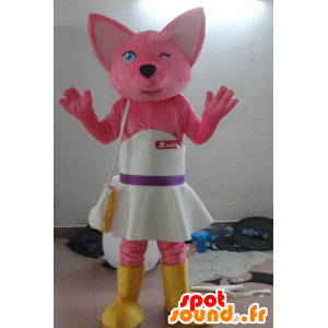 Rosa katt maskot med en hvit kjole - MASFR21165 - Cat Maskoter