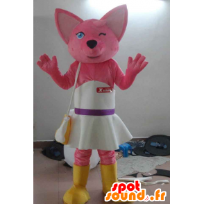 Rosa Katze Maskottchen mit einem weißen Kleid - MASFR21165 - Katze-Maskottchen