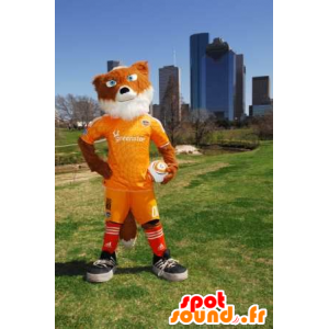 Mascotte de renard orange et blanc en tenue de sport jaune - MASFR21183 - Mascottes Renard