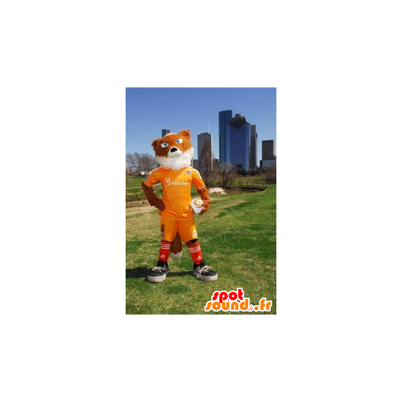 Oranje en witte vos mascotte geel sportkleding - MASFR21183 - Fox Mascottes