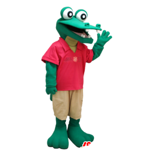 Grøn krokodille maskot i rød og beige outfit - Spotsound maskot