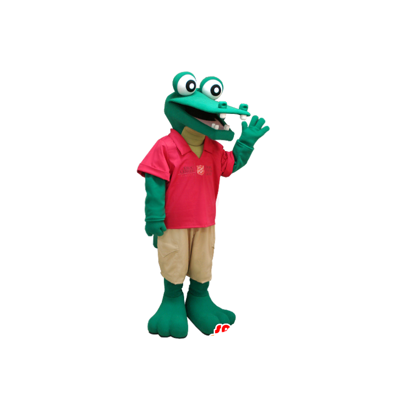 Groene krokodil mascotte, gekleed rood en beige - MASFR21201 - Mascot krokodillen