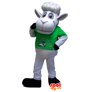 Hvid fårmaskot med en grøn t-shirt - Spotsound maskot kostume