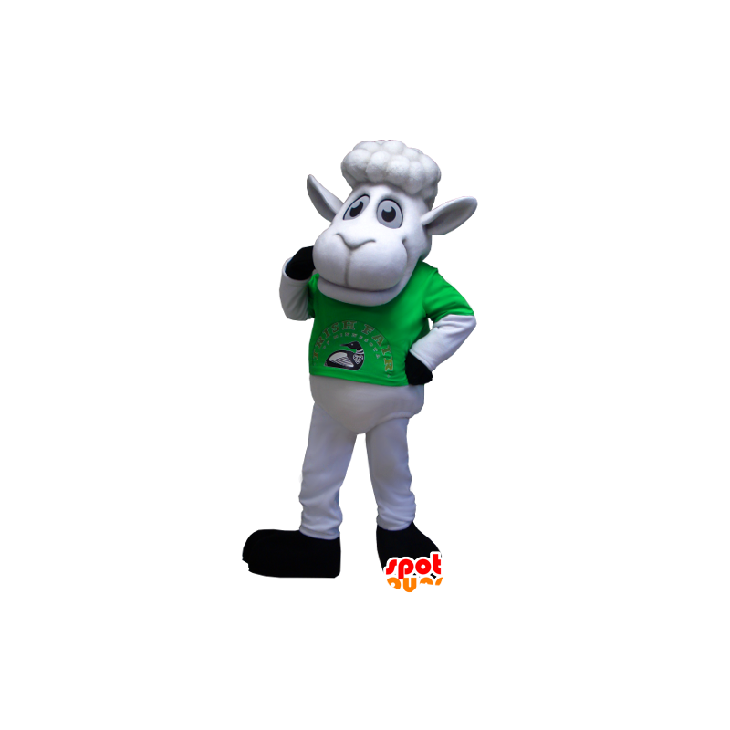 Bílá ovce maskot s zelené košili - MASFR21207 - ovce Maskoti