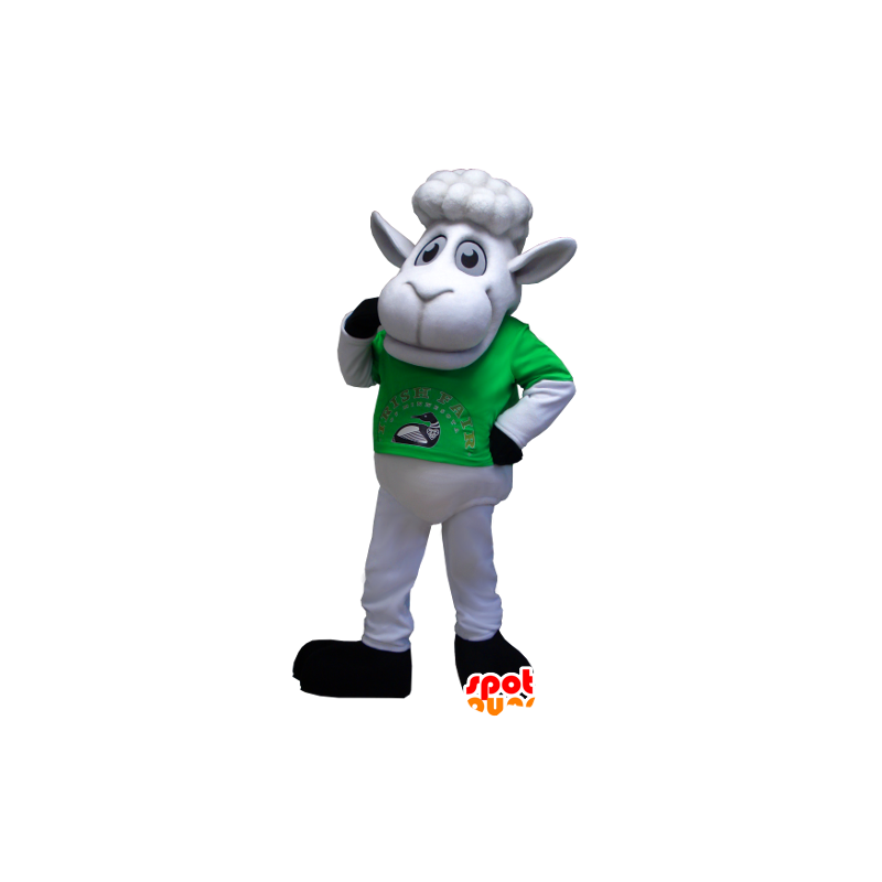 Witte schapen mascotte met een groen shirt - MASFR21207 - schapen Mascottes