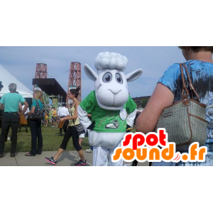 Hvid fårmaskot med en grøn t-shirt - Spotsound maskot kostume