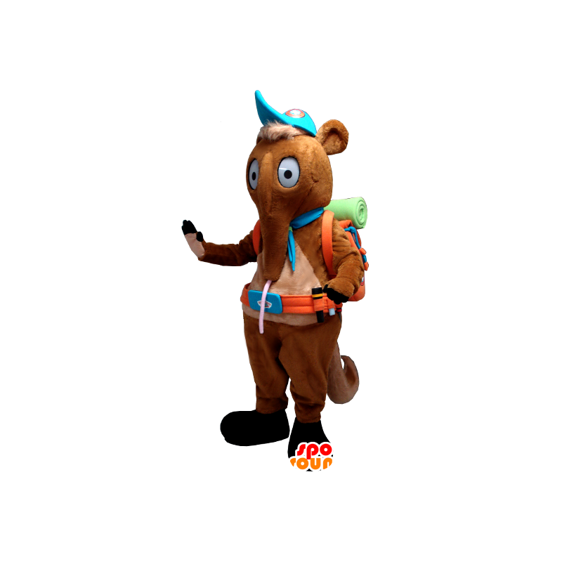 Mascot tamanoir, Crouch castanho com um saco de alpinista - MASFR21209 - Forest Animals Mascot tamanoir, Crouch castanho com um saco de alpinista - MASFR21209 - Forest Animals