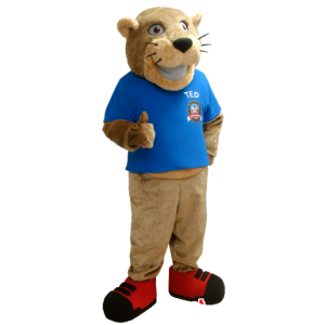 Beige tiger mascot with a blue shirt - MASFR21215 - Tiger mascots