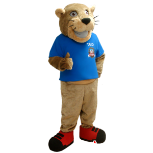 Beige tijger mascotte met een blauw shirt - MASFR21215 - Tiger Mascottes