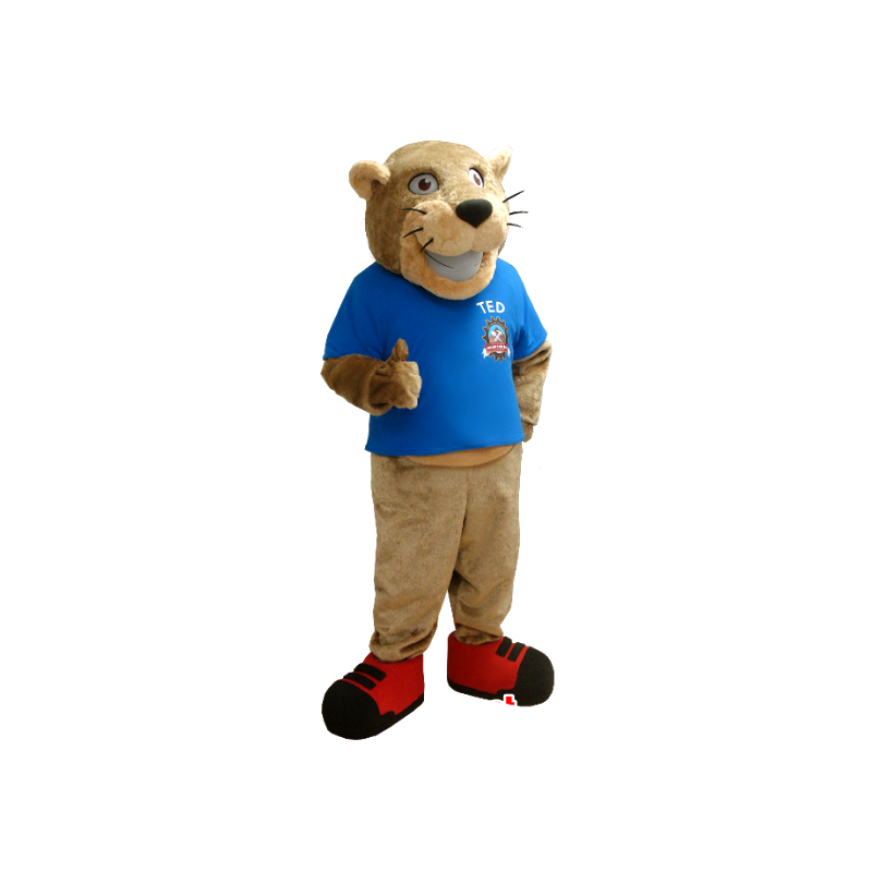 Beige tiger mascot with a blue shirt - MASFR21215 - Tiger mascots