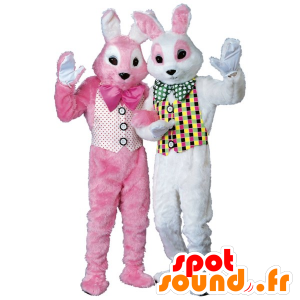 2 mascots pink and white rabbits - MASFR21222 - Rabbit mascot