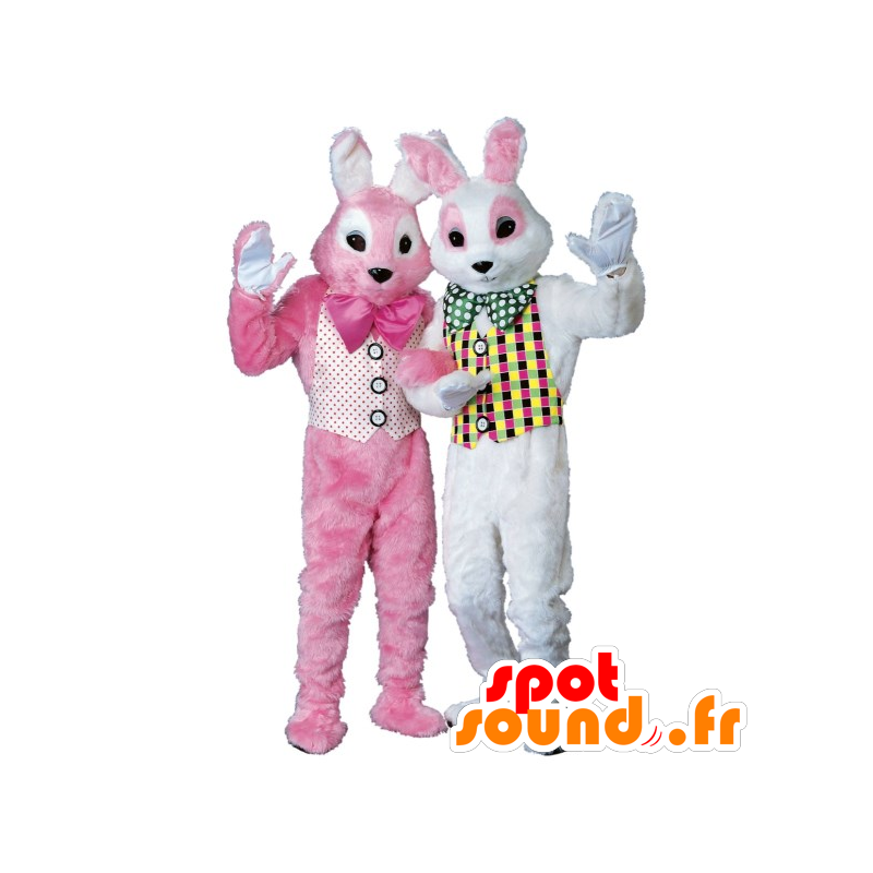 2 mascotes coelhos cor de rosa e branco - MASFR21222 - coelhos mascote