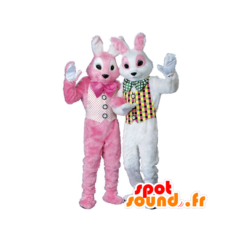 2 mascots pink and white rabbits - MASFR21222 - Rabbit mascot