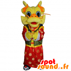Chiński smok maskotka, żółty, czerwony i zielony - MASFR21226 - smok Mascot