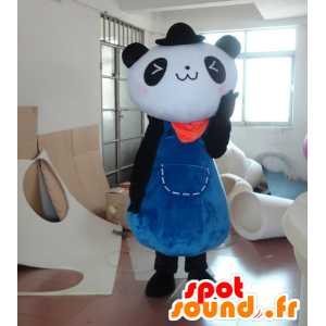 Sort og hvid panda maskot i blå kjole