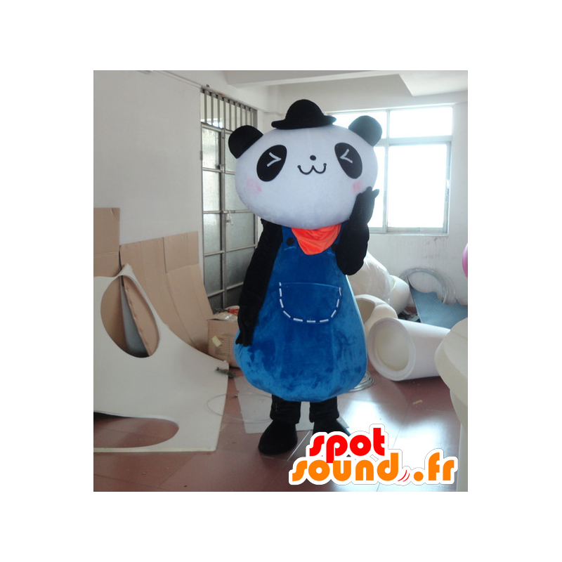 Sort og hvid panda maskot i blå kjole - Spotsound maskot kostume