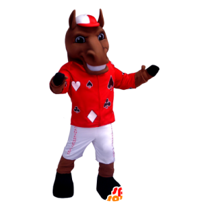 Cavalo marrom mascote jockey segurando - MASFR21233 - mascotes cavalo