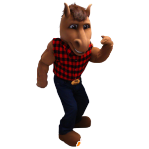 Brown horse mascot with a plaid shirt and jeans - MASFR21239 - Mascots horse