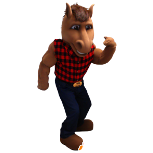 Mascota del caballo marrón con una camisa a cuadros y pantalones vaqueros - MASFR21239 - Caballo de mascotas