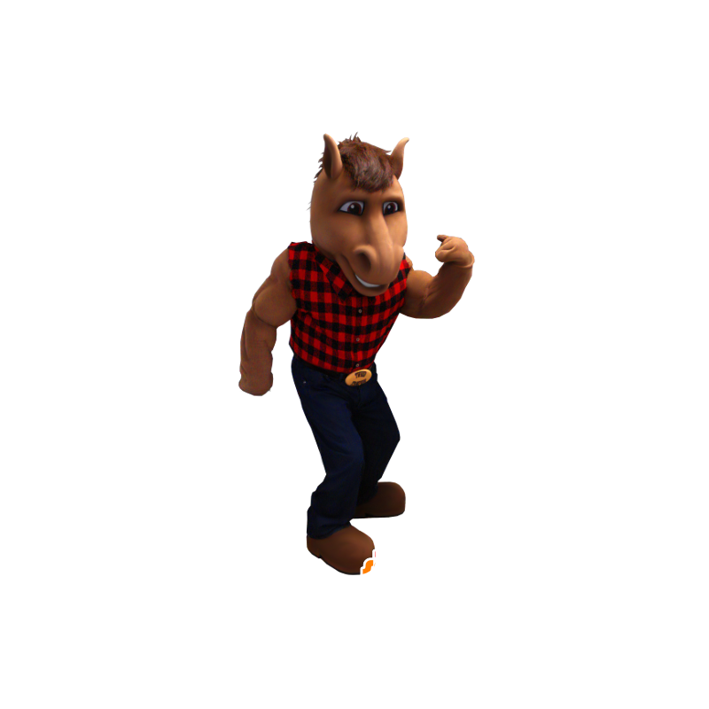Brown horse mascot with a plaid shirt and jeans - MASFR21239 - Mascots horse