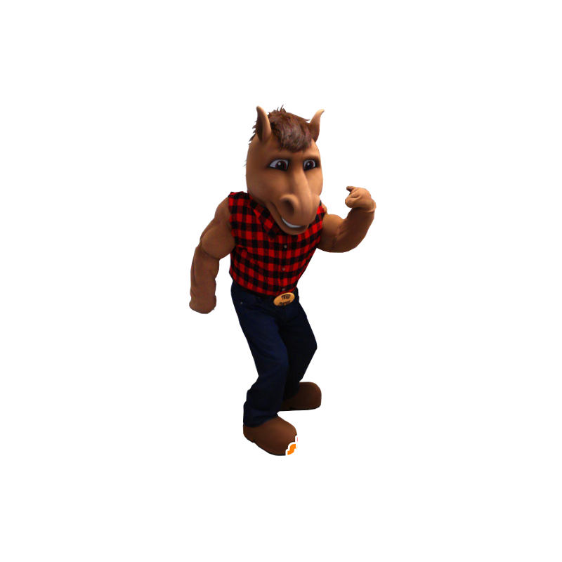 Mascota del caballo marrón con una camisa a cuadros y pantalones vaqueros  en Caballo de mascotas Cambio de color Sin cambio Tamaño L (180-190 cm)  Bueno para disparar No ¿Con la ropa? (