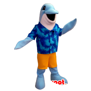 Blå og hvid delfin maskot med en hawaiisk skjorte - Spotsound