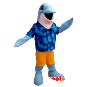 Mascotte de dauphin bleu et blanc avec une chemise hawaïenne - MASFR21240 - Mascottes Dauphin