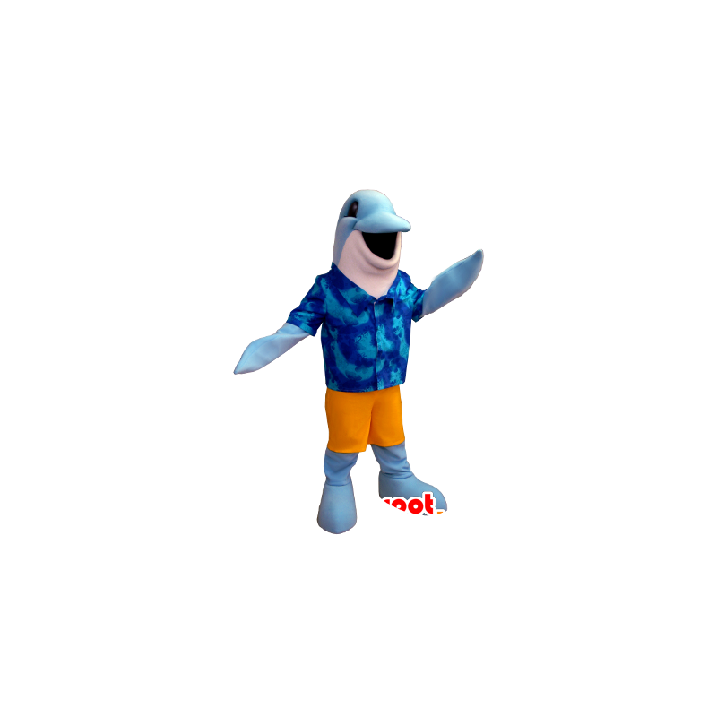 Gestreepte dolfijn mascotte met een Hawaiiaans overhemd - MASFR21240 - Dolphin Mascot