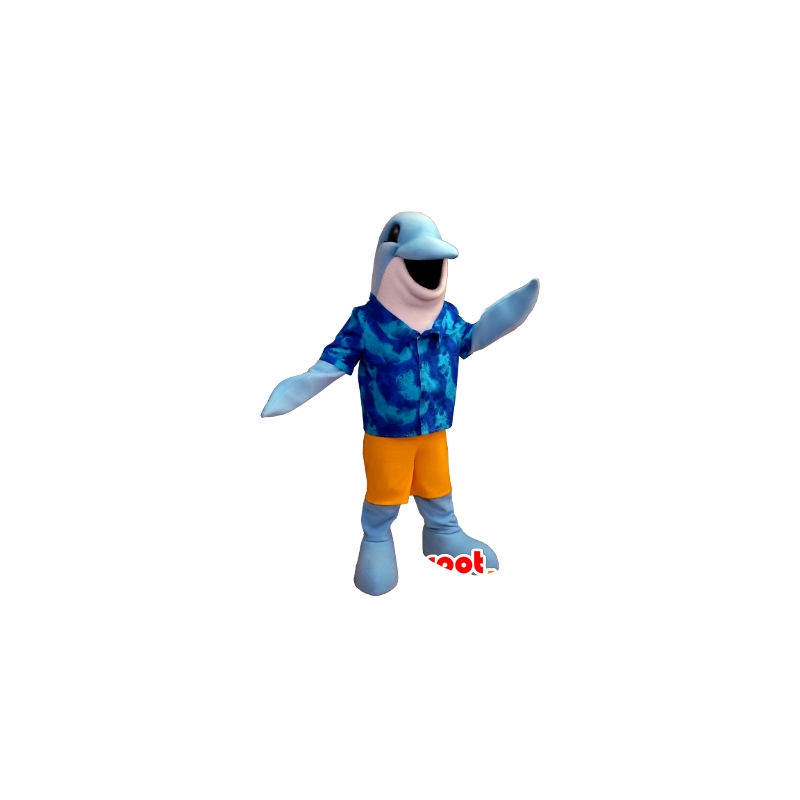 Mascotte de dauphin bleu et blanc avec une chemise hawaïenne - MASFR21240 - Mascottes Dauphin