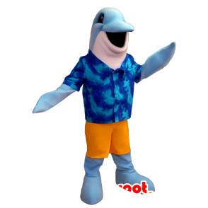 Gestreepte dolfijn mascotte met een Hawaiiaans overhemd - MASFR21240 - Dolphin Mascot
