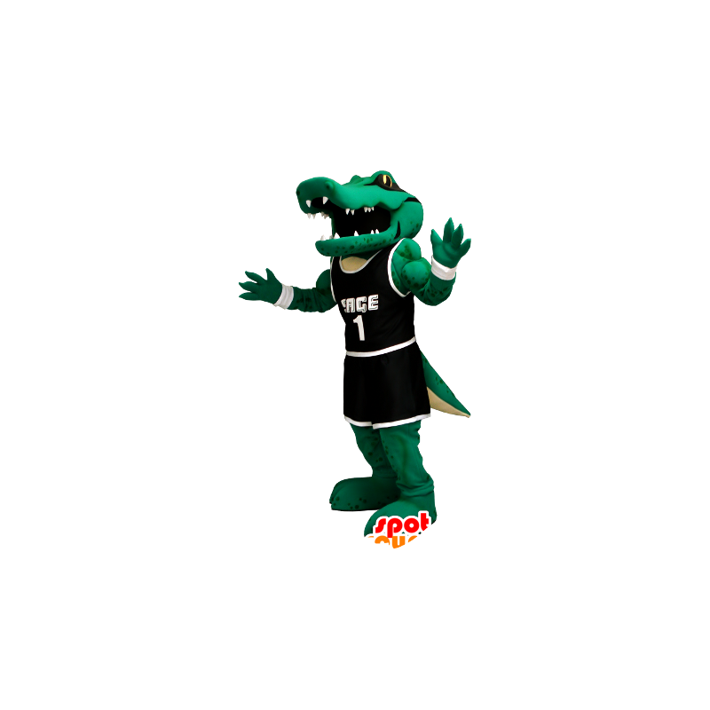 Coccodrillo verde mascotte nero abito sportivo - MASFR21248 - Mascotte di coccodrilli