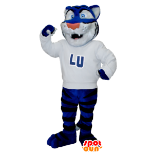 Mascotte de tigre bleu, blanc et noir avec un pull blanc - MASFR21278 - Mascottes Tigre