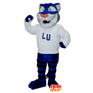 Tiger Mascot azul, branco e preto com uma camisola branca - MASFR21278 - Tiger Mascotes