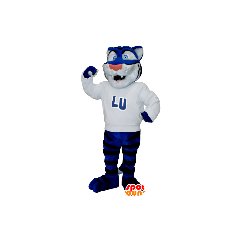 Mascotte de tigre bleu, blanc et noir avec un pull blanc - MASFR21278 - Mascottes Tigre