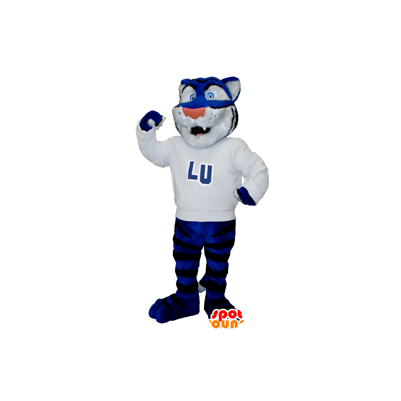 Tiger Mascot azul, branco e preto com uma camisola branca - MASFR21278 - Tiger Mascotes