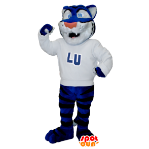 Mascotte de tigre bleu, blanc et noir avec un pull blanc - MASFR21278 - Mascottes Tigre